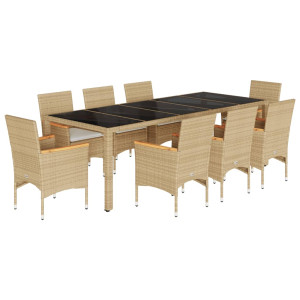 9 pcs conjunto jantar jardim com almofadões vime PE/vidro bege H