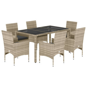 7pcs conj. jantar jardim + almofadões vime PE/vidro cinza claro H
