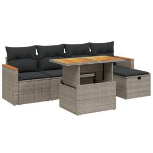 Set de muebles de jardín 6 pzas y cojines ratán sintético gris H