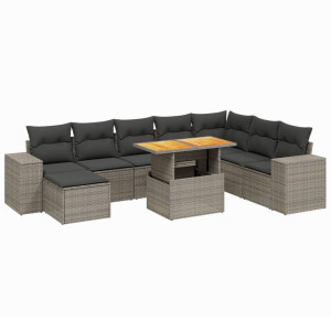 Set de muebles de jardín 9 pzas y cojines ratán sintético gris H