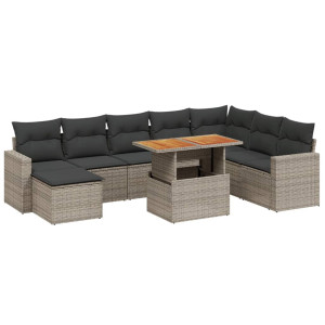 Set de muebles de jardín 9 pzas y cojines ratán sintético gris H