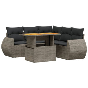 Set de muebles de jardín 6 pzas y cojines ratán sintético gris H