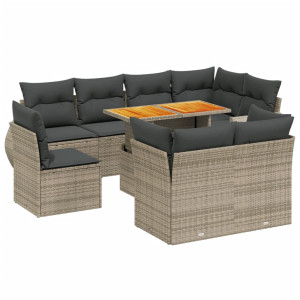 Set de muebles de jardín 9 pzas y cojines ratán sintético gris H