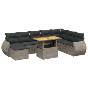 Set de muebles de jardín 9 pzas y cojines ratán sintético gris H