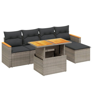 Set de muebles de jardín 6 pzas y cojines ratán sintético gris H