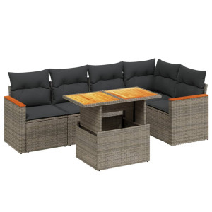 Set de muebles de jardín 6 pzas y cojines ratán sintético gris H