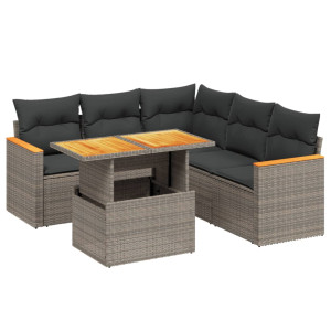 Set de muebles de jardín 6 pzas y cojines ratán sintético gris H