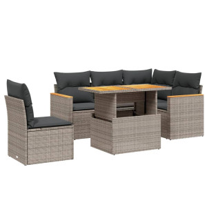 Set de muebles de jardín 6 pzas y cojines ratán sintético gris H