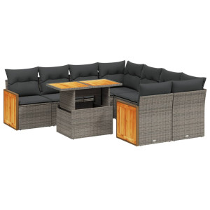 Set de muebles de jardín 9 pzas y cojines ratán sintético gris H