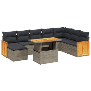 Set de muebles de jardín 9 pzas y cojines ratán sintético gris H