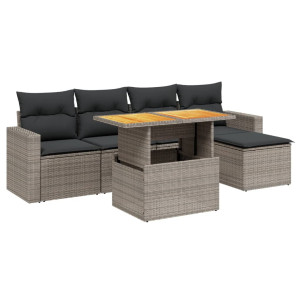 Set de muebles de jardín 6 pzas y cojines ratán sintético gris H