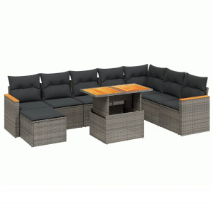 Set de muebles de jardín 9 pzas y cojines ratán sintético gris H