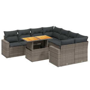Set de muebles de jardín 9 pzas y cojines ratán sintético gris H