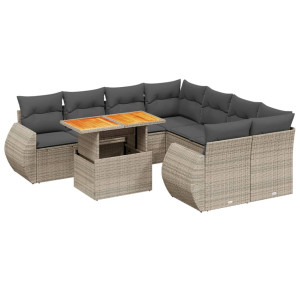 Set de muebles de jardín 9 pzas y cojines ratán sintético gris H
