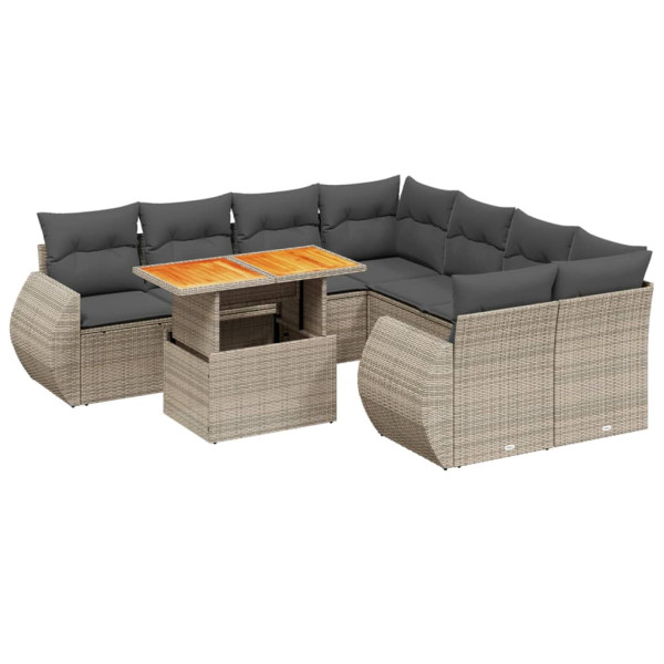 Set de muebles de jardín 9 pzas y cojines ratán sintético gris M 2