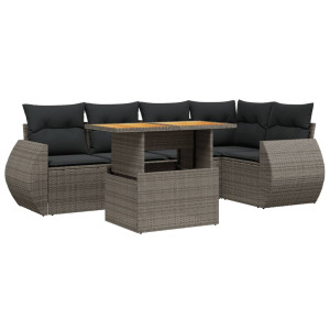 Set de muebles de jardín 6 pzas y cojines ratán sintético gris H