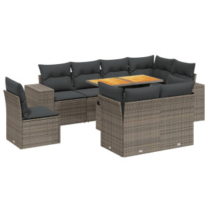 Set de muebles de jardín 9 pzas y cojines ratán sintético gris H