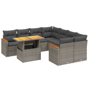 Set de muebles de jardín 9 pzas y cojines ratán sintético gris H