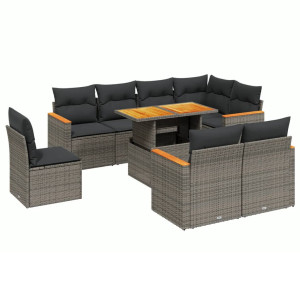 Set de muebles de jardín 9 pzas y cojines ratán sintético gris H