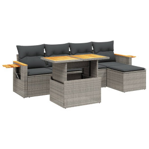 Set de muebles de jardín 6 pzas y cojines ratán sintético gris H