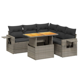 Set de muebles de jardín 6 pzas y cojines ratán sintético gris H