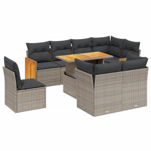 Set de muebles de jardín 9 pzas y cojines ratán sintético gris H