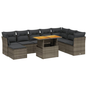 Set de muebles de jardín 9 pzas y cojines ratán sintético gris H