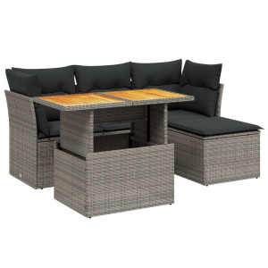 Set de muebles de jardín 6 pzas y cojines ratán sintético gris H