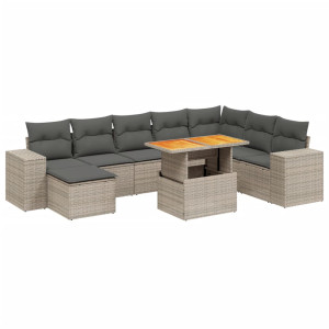 Set de muebles de jardín 9 pzas y cojines ratán sintético gris H
