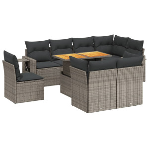 Set de muebles de jardín 9 pzas y cojines ratán sintético gris H