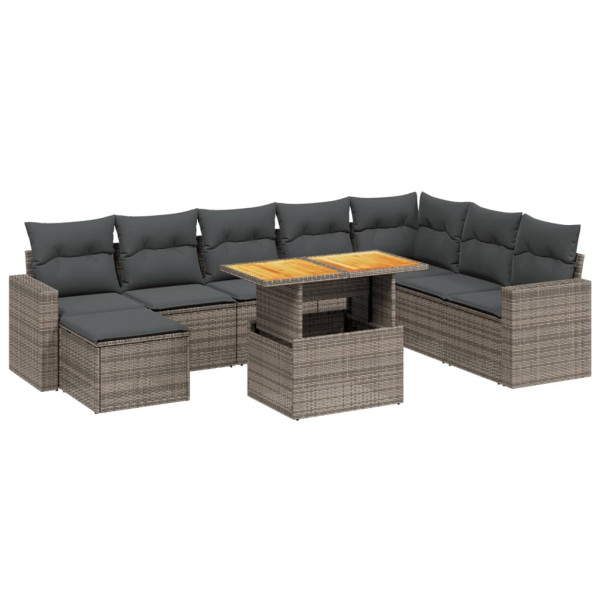 Set de muebles de jardín 9 pzas y cojines ratán sintético gris M 2