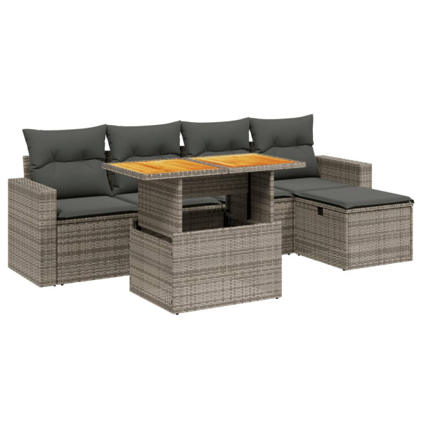 Set de muebles de jardín 6 pzas y cojines ratán sintético gris M 2