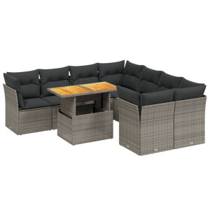 Set de muebles de jardín 9 pzas y cojines ratán sintético gris H