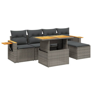Set de muebles de jardín 6 pzas y cojines ratán sintético gris H