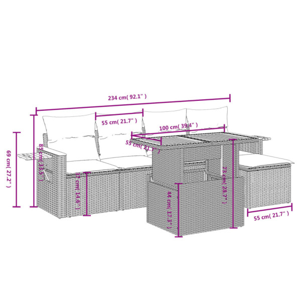 Set de muebles de jardín 6 pzas y cojines ratán sintético gris M 3