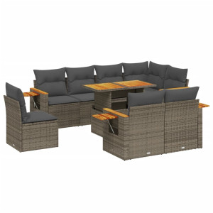Set de muebles de jardín 9 pzas y cojines ratán sintético gris H