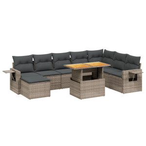 Set de muebles de jardín 9 pzas y cojines ratán sintético gris H