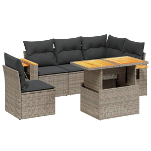 Set de muebles de jardín 6 pzas y cojines ratán sintético gris H