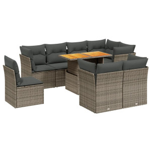 Set de muebles de jardín 9 pzas y cojines ratán sintético gris H