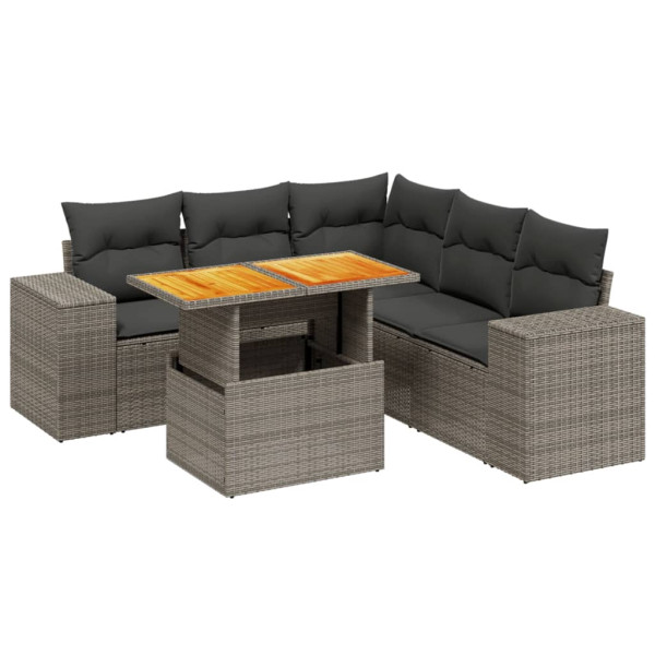 Set de muebles de jardín 6 pzas y cojines ratán sintético gris M 2