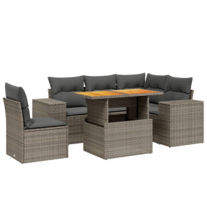Set de muebles de jardín 6 pzas y cojines ratán sintético gris H
