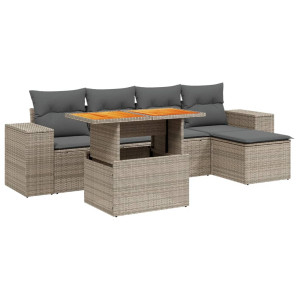 Set de muebles de jardín 6 pzas y cojines ratán sintético gris H