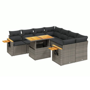 Set de muebles de jardín 9 pzas y cojines ratán sintético gris H