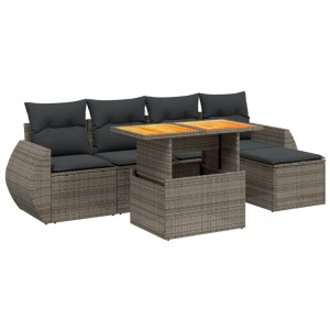Set de muebles de jardín 6 pzas y cojines ratán sintético gris H