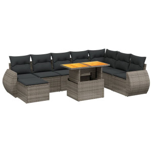 Set de muebles de jardín 9 pzas y cojines ratán sintético gris H