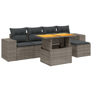 Set de muebles de jardín 6 pzas y cojines ratán sintético gris H
