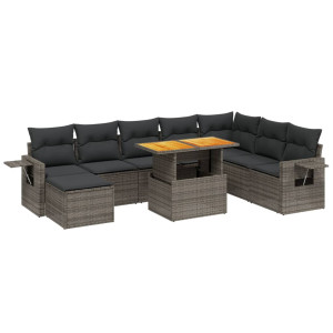 Set de muebles de jardín 9 pzas y cojines ratán sintético gris H