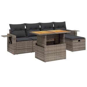Set de muebles de jardín 6 pzas y cojines ratán sintético gris H
