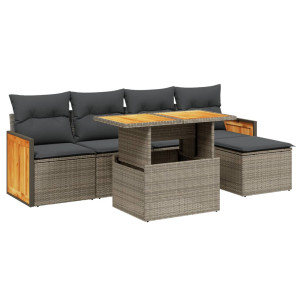 Set de muebles de jardín 6 pzas y cojines ratán sintético gris H