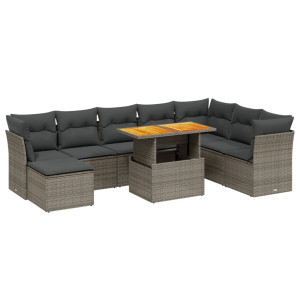 Set de muebles de jardín 9 pzas y cojines ratán sintético gris H